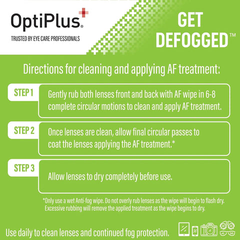 Instructions for using Anti Fog Pre Moistened Wipes For Glasses And Screens Scratch Free 100 Count on green background