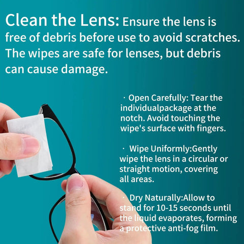 Using Large Anti-Fog Lens Wipes 12x12cm, 100 Count, Individually Wrapped for Glasses with instructions on package.