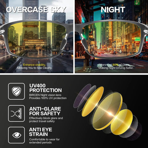Night Driving Glasses With Anti Glare For Rain Snow Fog Enhanced Visibility showing UV400 protection and anti-glare lenses