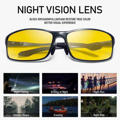 Night Driving Glasses With Anti Glare For Rain Snow Fog Enhanced Visibility, featuring yellow lenses and black frame, front view.