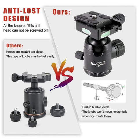 All Metal 36mm Tripod Ball Head for Rifle Rests and Shooting Sticks, showing anti-lost design and built-in bubble levels, CNC construction.