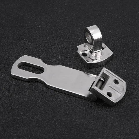 Two-piece stainless steel boat latch set with curved pull lever and mounting base, marine hatch fastener