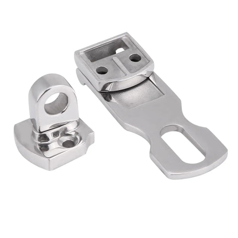 Front view of polished stainless steel boat hatch latch with mounting plate and keeper