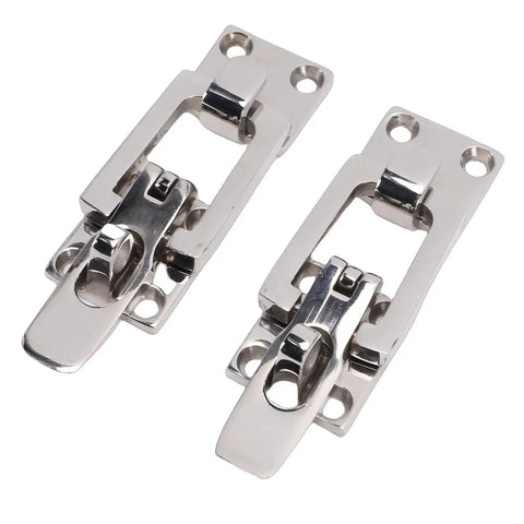 Two chrome Focket boat hatch latches, flush-mount, 316 stainless marine hardware, anti-rattle design.