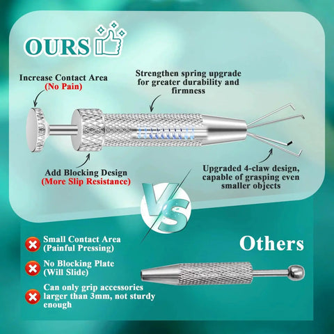 Diagram comparing upgraded anti-slip piercing grabber tool with others, highlighting features for easy jewelry changes and firm grip.