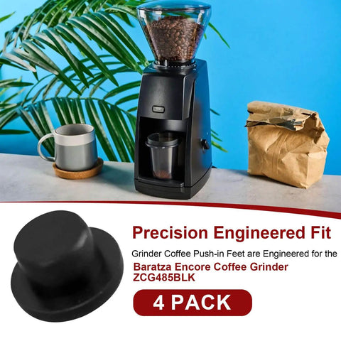 Anti Slip Rubber Feet Bumpers For Encore Coffee Grinder Replacement Feet, shown installed and in a 4-pack, near coffee grinder.
