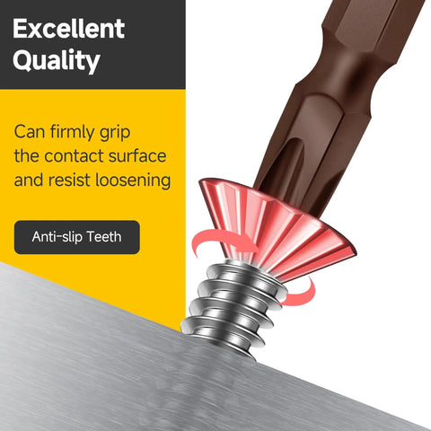 Self-tapping 410 stainless steel screw in action demonstrating anti-slip teeth and firm grip on metal surface.