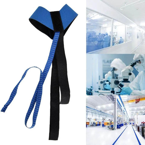 Adjustable Anti Static Ankle Strap Grounder ESD Blue And Black For Electronics Techs, Lab Pros, And Cleanrooms displayed with lab scene