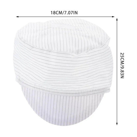 White anti static cleanroom hat, top view with dimensions, breathable working cap for electronics manufacturing and factory workshops.