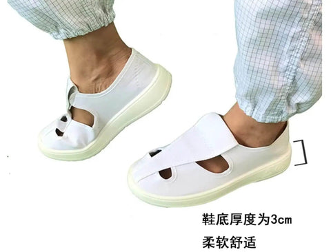Person wearing Anti Static Four Hole White Shoe For Cleanroom And Electronics Lab Unisex Footwear Pro Grade Size EU 45
