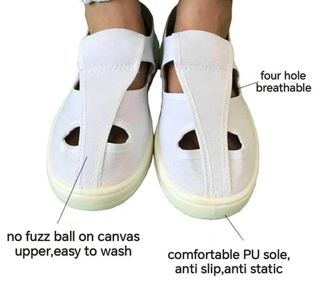 Anti Static Four Hole White Shoe For Cleanroom And Electronics Lab Unisex Footwear Pro Grade Size EU 45, breathable upper view