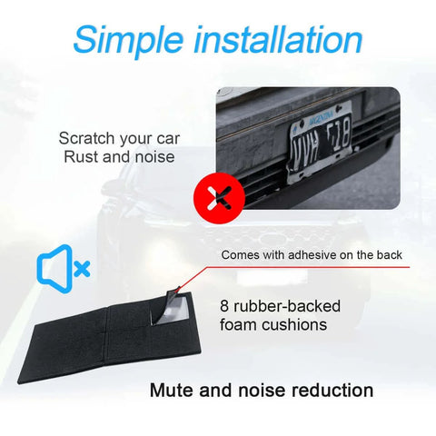 Installation instructions for YALOK Anti Theft License Plate Screws Kits showing adhesive use and noise reduction features