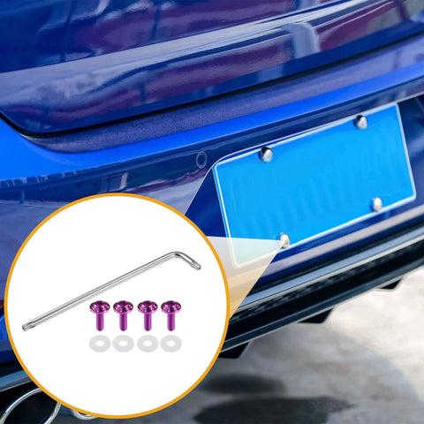 Car with blue license plate featuring Partuto 1set 1/4" M6 Universal Anti Theft License Plate Screws and silicone washers in purple titanium alloy.