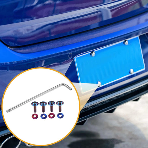 Blue car with license plate installed using ✝️ Partuto 1 Set 1/4" M6 Universal Anti Theft License Plate Screws - Titanium Alloy Deep Blue