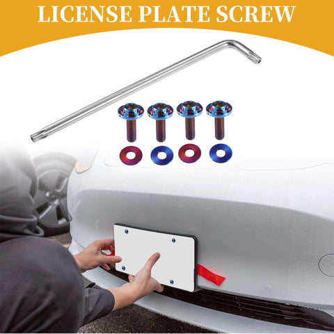 Installation of ✝️ Partuto 1 Set 1/4" M6 Universal Anti Theft License Plate Screws with titanium alloy deep blue bolts on car