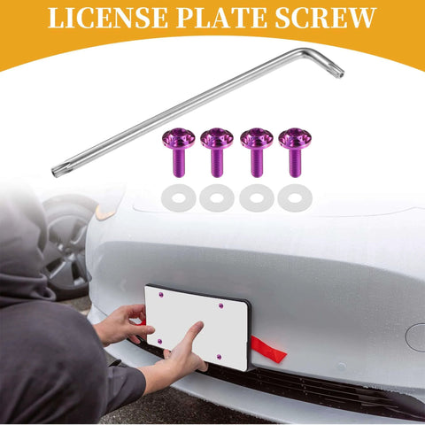✝️ Partuto 1set 1/4" M6 Universal Anti Theft License Plate Screws - Titanium Alloy Purple, shown with installation on car.