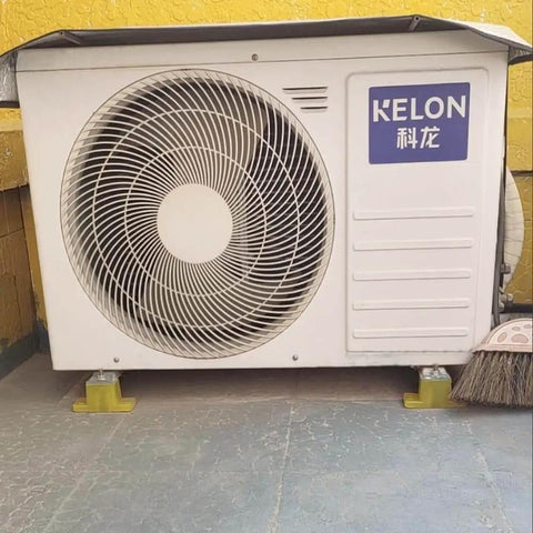 Air conditioner unit mounted on upgraded anti vibration base pad, designed for shock absorption and noise reduction with beef tendon material.
