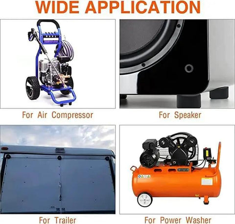 Set Of Four Anti Vibration Foot Pad Isolators Rubber Bumpers For Compressors Generators Pressure Washers Sound Machines And Furniture, Shockproof Round Rubber Feet shown in use with air compressor, speaker, trailer, and power washer.