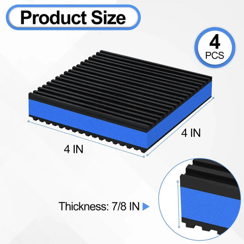4 Pack Anti Vibration Pads for Home Appliances, 4x4 inches, ribbed rubber base, EVA center, supports 960 lb per pad