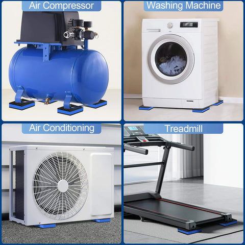 Appliances including air compressor, washing machine, air conditioning unit, treadmill on black stabilizing pads