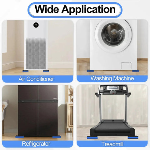 Image showing wide application of 4 Pack Anti Vibration Pads for Home Appliances, including use with air conditioner, washing machine, refrigerator, and treadmill.
