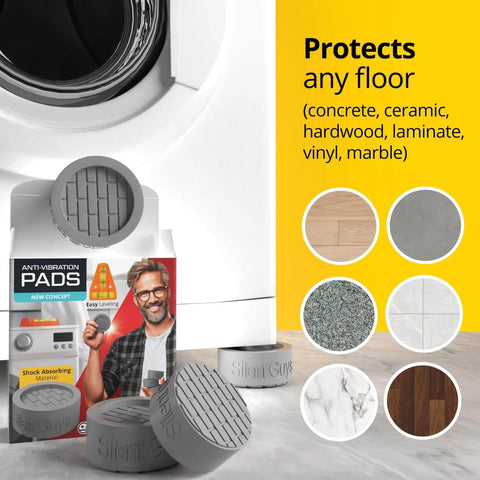 Anti-vibration pads for washer and dryer, designed to protect multiple floor types, shown with sample floor textures.