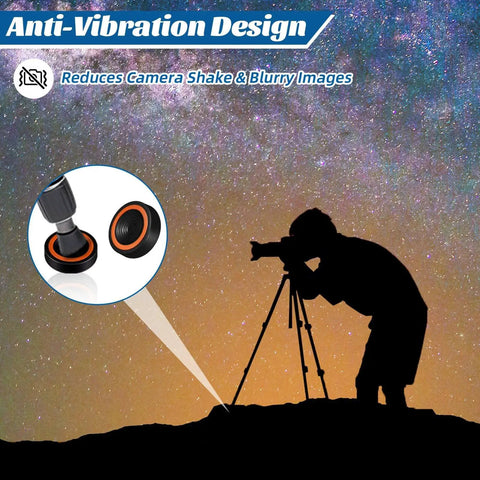 Silhouette of person using telescope on tripod with Six Pack 2.95 Inch Anti Vibration Pads For Telescope Mount And Camera Tripod, Vibration Suppression Pads For Astronomy, Nature Photography And Observing On Concrete, Grass, And Indoor Surfaces shown in close-up inset.
