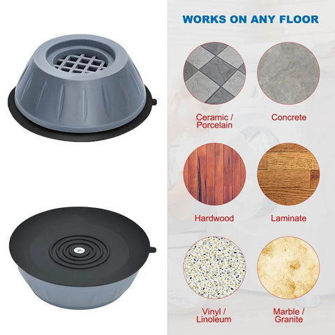 Anti Vibration Pads for Washing Machine and Dryer Set of 4 Universal Support Feet showing rubber pads and compatible floor types