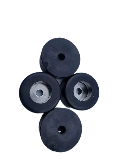 Pack of 4 anti vibration foot pad isolator rubber bumpers for compressors, black, round, 1 1/2 inch diameter, shown from top view.