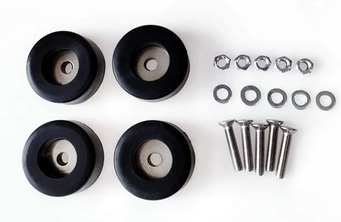 Four durable rubber anti vibration pads with 1.5 in outer diameter and 0.75 in height, screws and nuts included, top view.