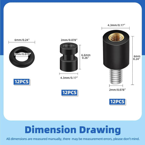 Dimension drawing of 36 Pcs Anti Vibration Standoffs And Rubber Damper Balls Set For Flight Controller showing M2 screws, damper balls, and O-rings