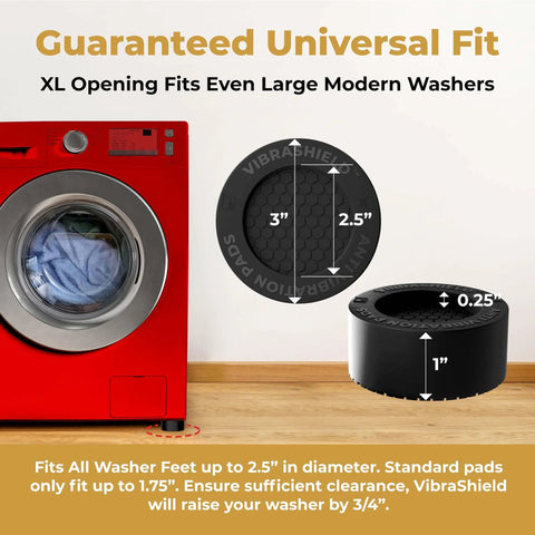 Anti Vibration Pads for Washing Machine and Dryer with HexaGrip Set of 4 next to red washer showing size dimensions and fit.