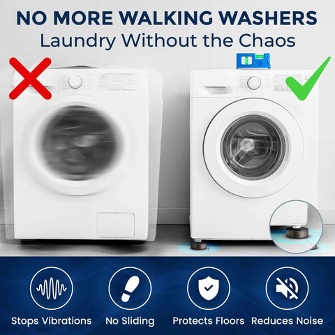 Comparison of washers showing effects of anti-vibration pads with one stable washer and one shaky, symbols for vibration control.