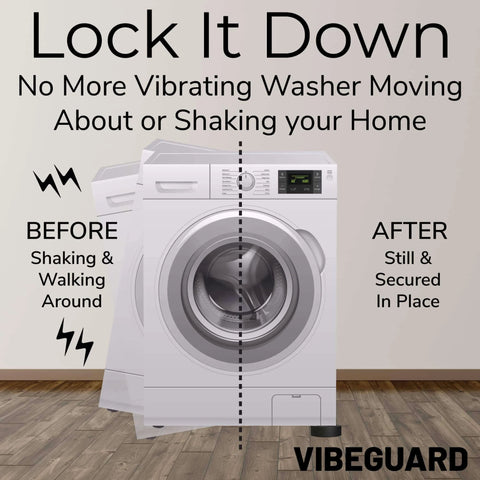 Infographic of VIBEGAURD reducing washing machine vibration before and after illustration."