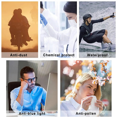 Collage showing uses of safety glasses: anti-dust, chemical protection, waterproof, anti-blue light, and anti-pollen.