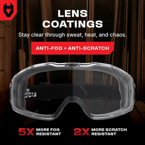 Over Glasses Safety Goggles Anti Fog ANSI Z87.1 with scratch-resistant panoramic lens and adjustable strap.