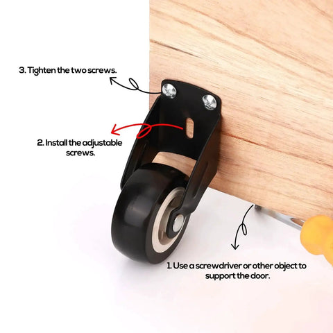 Installation of Eight Pieces Two Inch Gate Wheels With 48 Screws Included Anti Sag Door Bottom Support Gate Caster Wheels Anti Friction Swivel Rolling Casters For Wooden Doors And Furniture Vertical Or Bottom Mount Installation on a wooden door