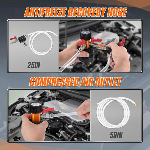 Coolant vacuum refill kit with pressure gauge; orange regulator, red adapters, white hoses in 25in and 59in lengths.