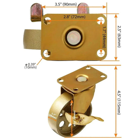 Close-up of 3.5 Inch Brake Locking Caster Swivel Wheel Set Of 4 With Copper Antique Gold Finish Cast Iron Industrial Heavy Duty Retro Cart Style 225 Lbs Each 900 Lbs Total Capacity Ideal For Industrial Furniture Vintage Decor And DIY Projects, showing measurements and brake mechanism.