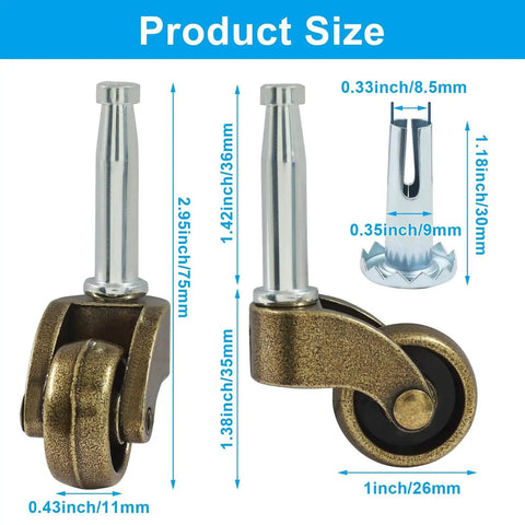 4 Pack 1 Inch Swivel Stem Ball Caster Wheels Zinc Alloy Antique Brass With Socket Mounting for Furniture with dimensions