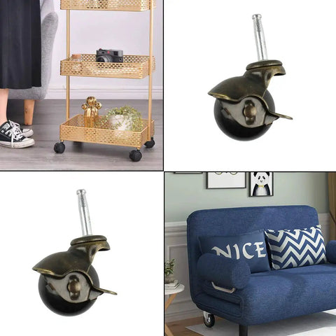 Four Pack 2 Inch Heavy Duty Ball Caster Wheels With Antique Brass Finish Swivel Stem Casters Replacement Set installed on furniture and carts.