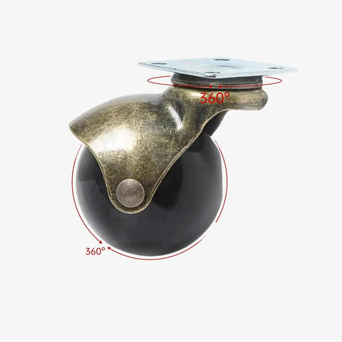 Close-up of 2 Inch Antique Brass Ball Caster with Brake showing 360° swivel and heavy-duty plate for vintage furniture.