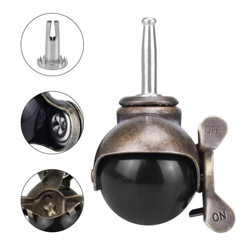 Four Pack 2 Inch Heavy Duty Ball Caster Wheels With Antique Brass Finish Swivel Stem Casters Replacement Set For Furniture Carts And Tool Boxes Includes Four Stem Sockets Smooth Quiet Rolling With Precision Ball Bearings, close-up of antique brass finish and swivel mechanism.
