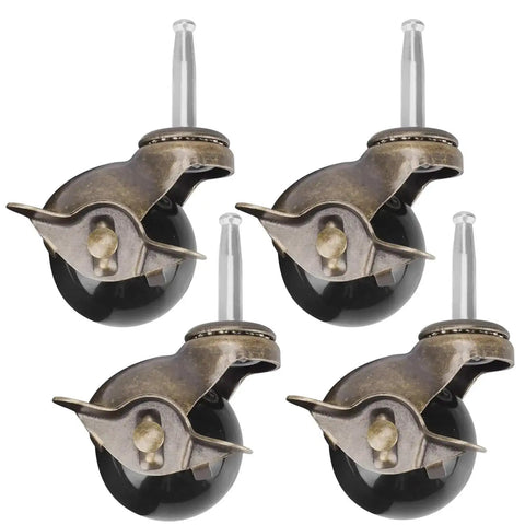 Four pack 2 inch heavy duty ball caster wheels with antique brass finish swivel stem casters replacement set for furniture carts and tool boxes includes four stem sockets smooth quiet rolling with precision ball bearings