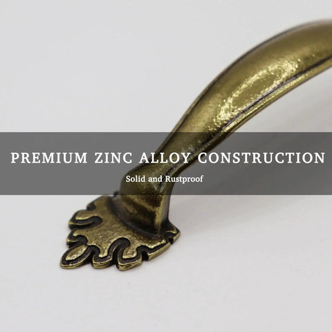 Close-up of 4 Pack Antique Brass Cabinet Handles With Vintage Decorative Drawer Pulls For Dresser Cupboard Wardrobe, zinc alloy material