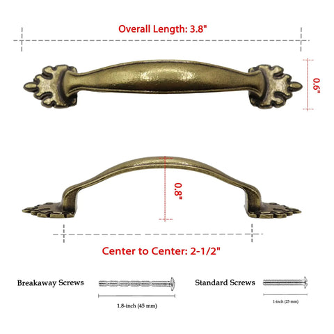 4 Pack Antique Brass Cabinet Handles With Vintage Decorative Drawer Pulls For Dresser Cupboard Wardrobe, showing dimensions and screws