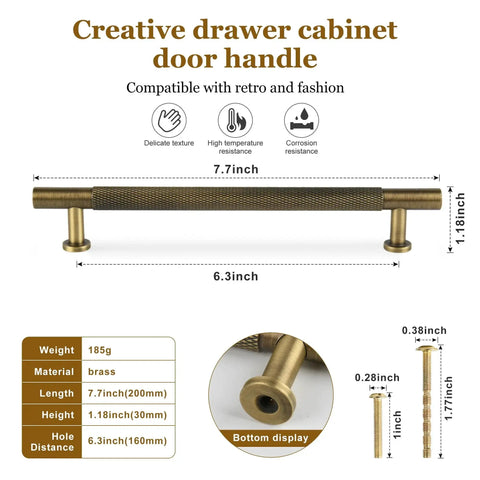 Antique Solid Brass Cabinet Handles 5 Pack Knurled 6-1/4 Inch (160mm) Dresser Drawer Pulls diagram with measurements.