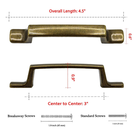 Antique Brass Rectangular Cabinet Handles 4 Pack With 3 Inch Hole Centers, 4.5 Inch Length, Top and Side View, Screw Details