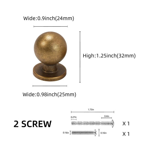 Two Pack Antique Brass Kitchen Cabinet Knobs and Vintage Drawer Knobs in Aged Bronze Zinc Alloy Hardware with screws and dimensions