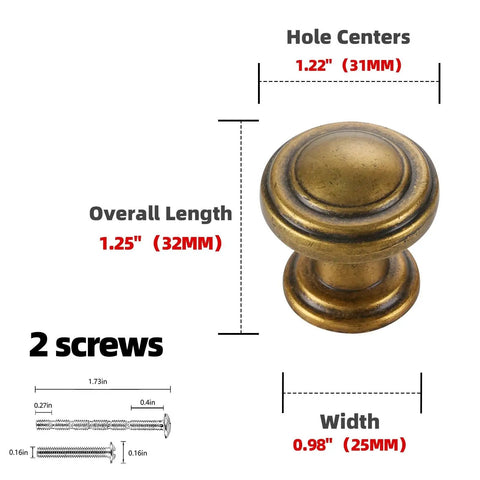 Antique Brass Cabinet Knobs 10 Pack For Kitchen Cabinets And Drawers Premium Alloy Hardware dimensions and features diagram